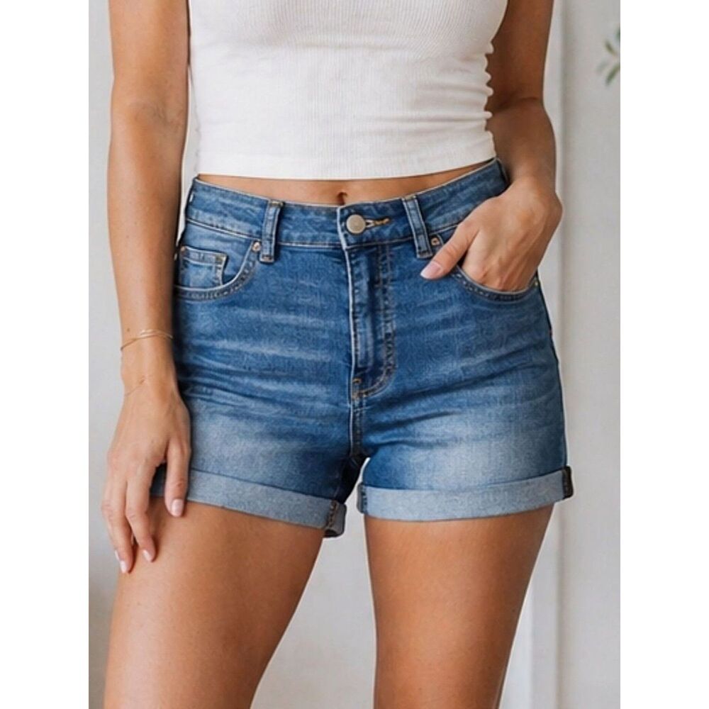 H&M Denim Jean Shorts Women Size 6 Blue Mid Rise Cuffed Stretch Casual Summer